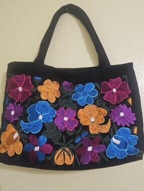 Embroidered Floral Black Tote Bag - Colorful Handcrafted Design